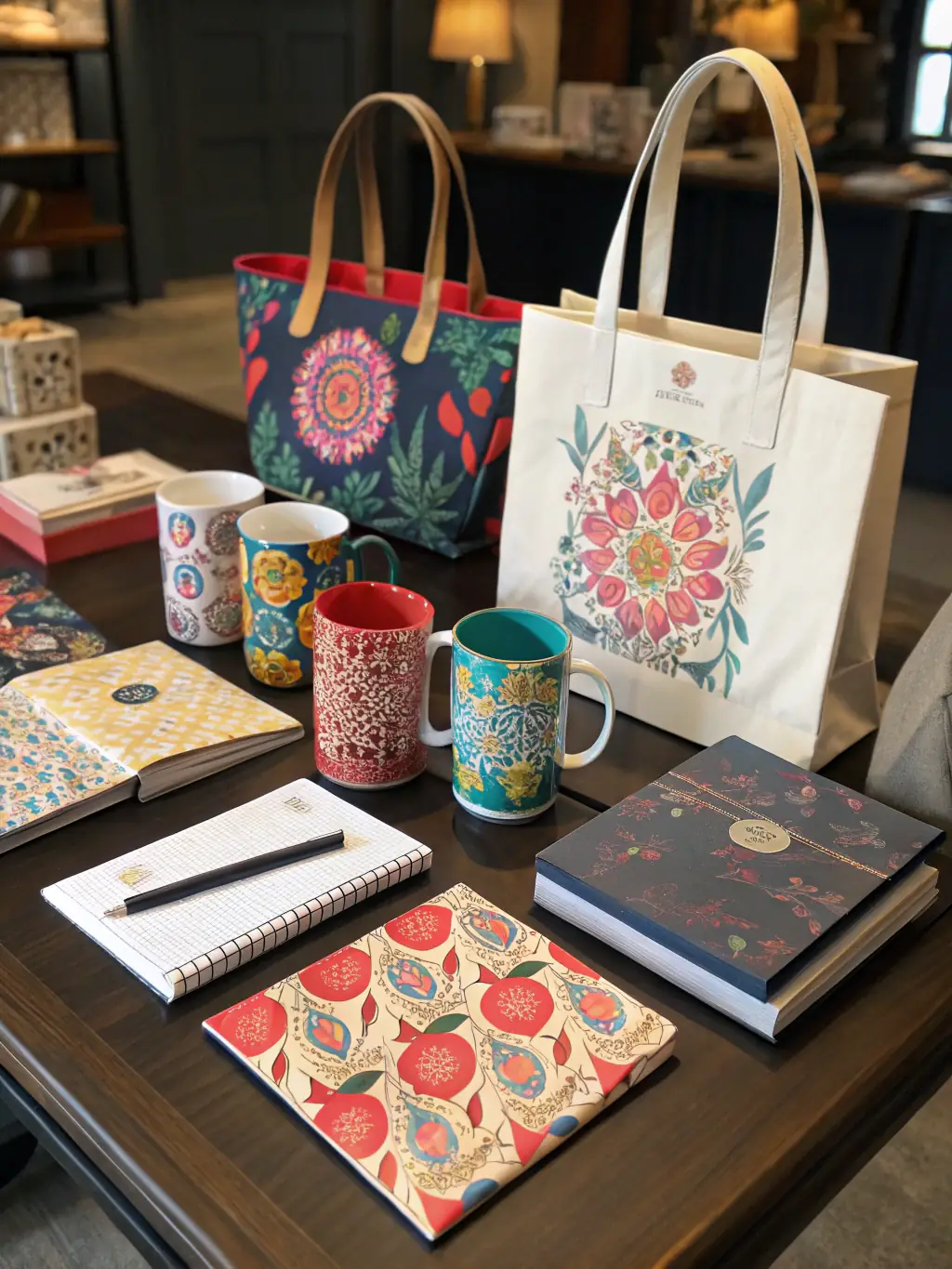 A close-up shot of a variety of custom-branded drinkware, including mugs, water bottles, and tumblers, displaying different logos and designs, highlighting the branding potential of PERSONTEES' drinkware customization services.