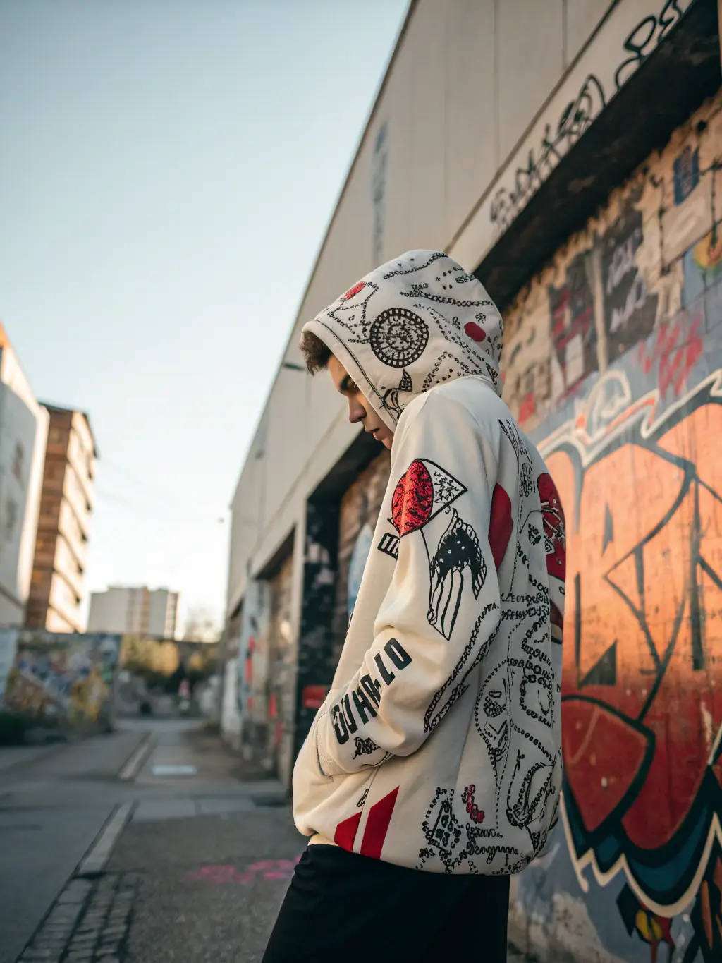 A person wearing a customized hoodie with a unique logo embroidered on the chest, highlighting the quality of the embroidery and the comfortable fit of the hoodie.