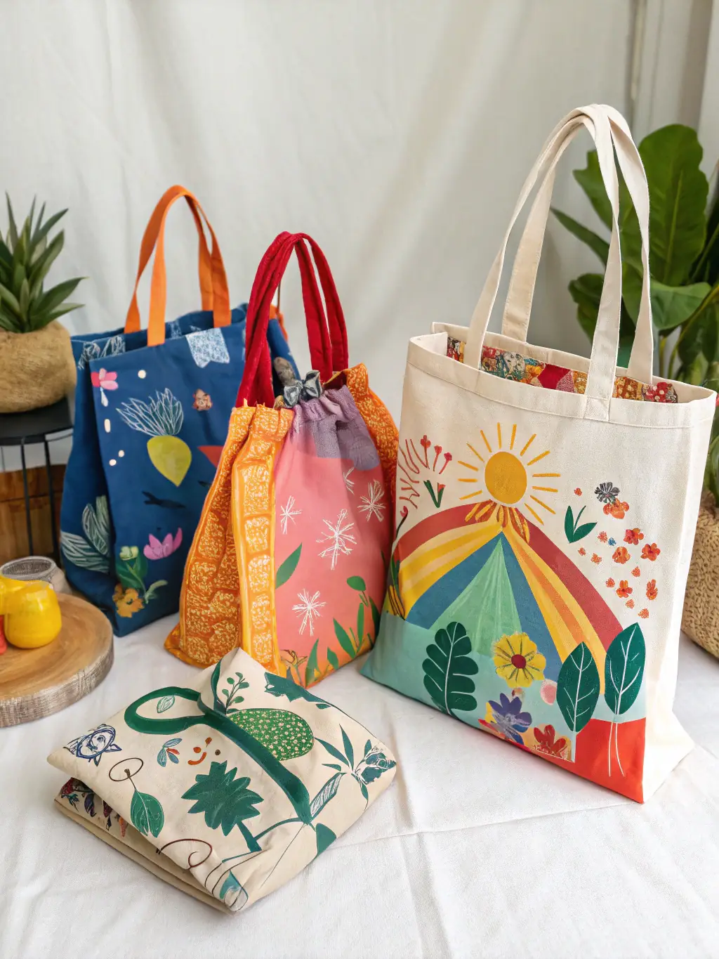 A selection of stylish tote bags made from sustainable materials, each featuring different custom designs, showcasing the versatility and eco-friendliness of the tote bags.