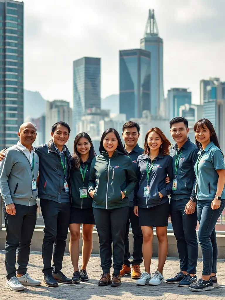 A professional group photo of diverse Hong Kong business teams, school staff, and event organizers wearing coordinated PERSONTEES apparel, set against a cityscape backdrop.