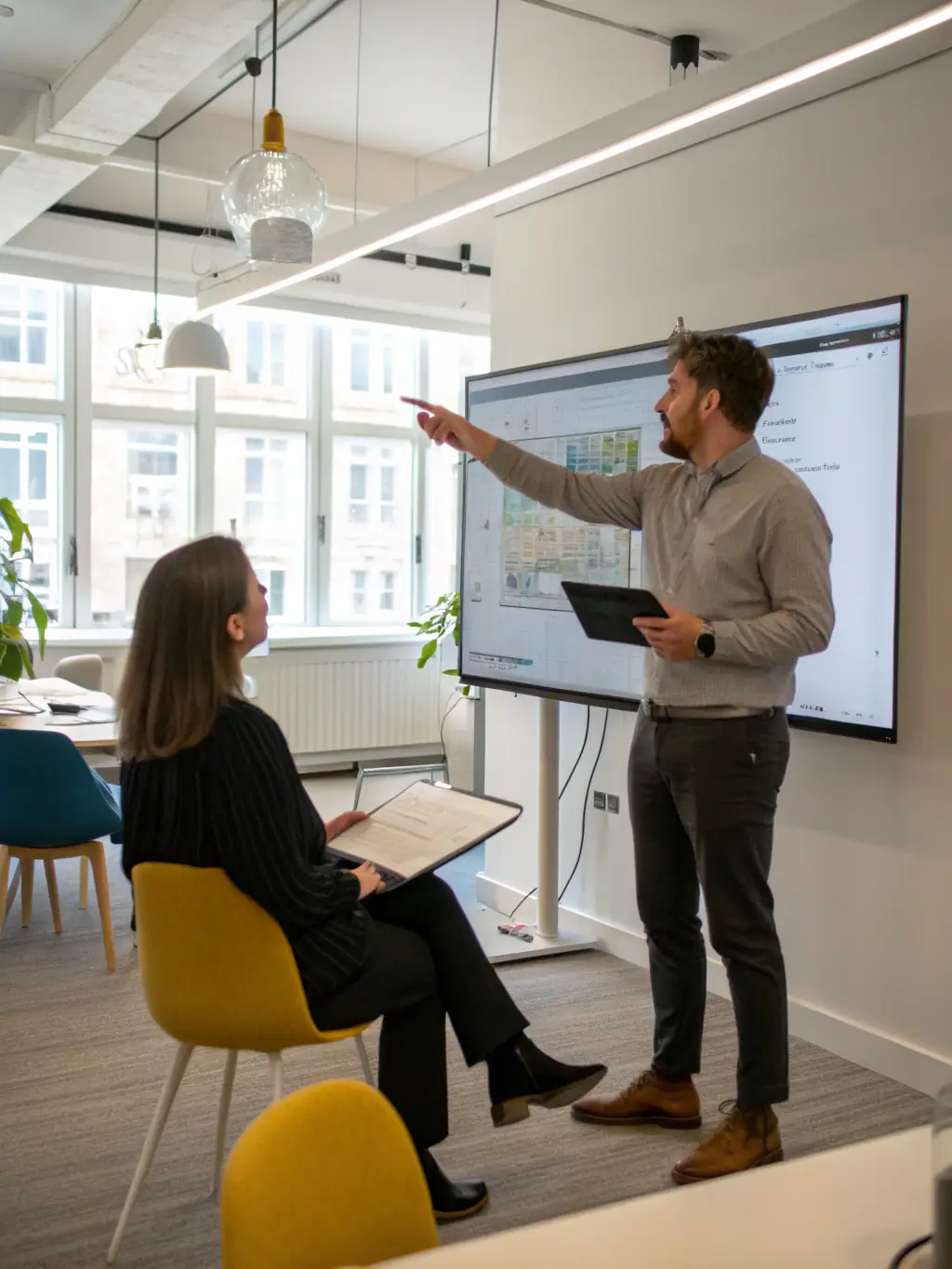 A creative shot of a PERSONTEES designer collaborating with a client over digital mockups and fabric swatches, with both parties smiling and engaged in discussion.