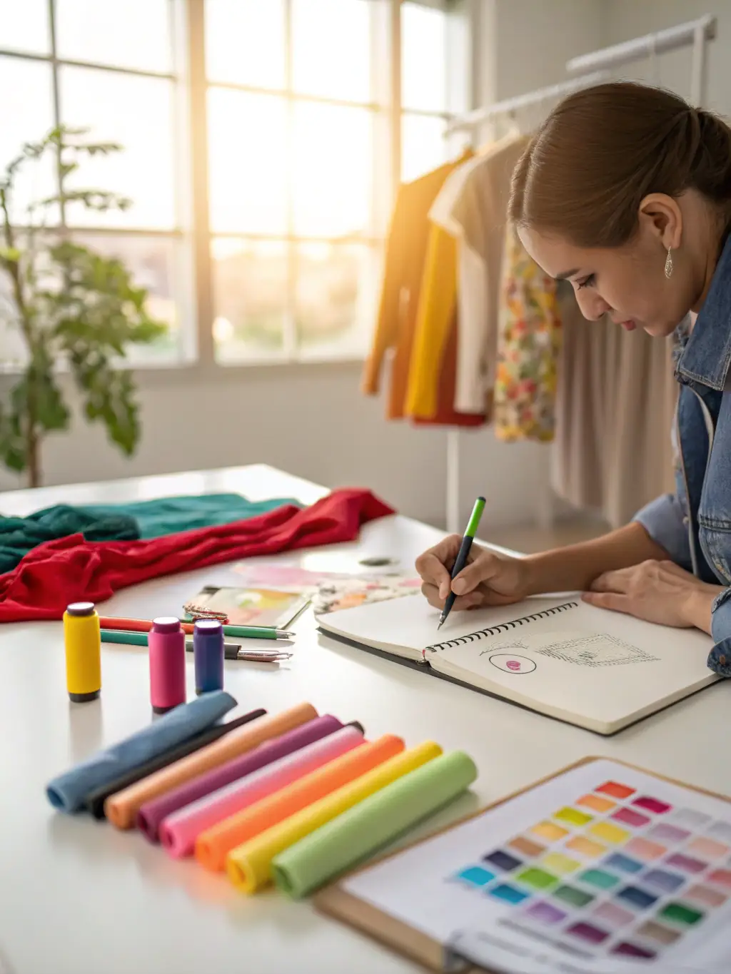 A designer sketching apparel concepts on a digital tablet, surrounded by fabric swatches and color samples, in a bright, minimalist workspace.