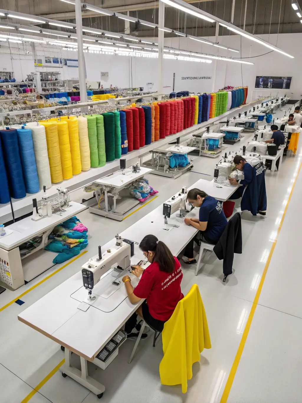 A production floor with skilled workers assembling garments, quality control staff inspecting finished pieces, and branded apparel neatly organized for packing.