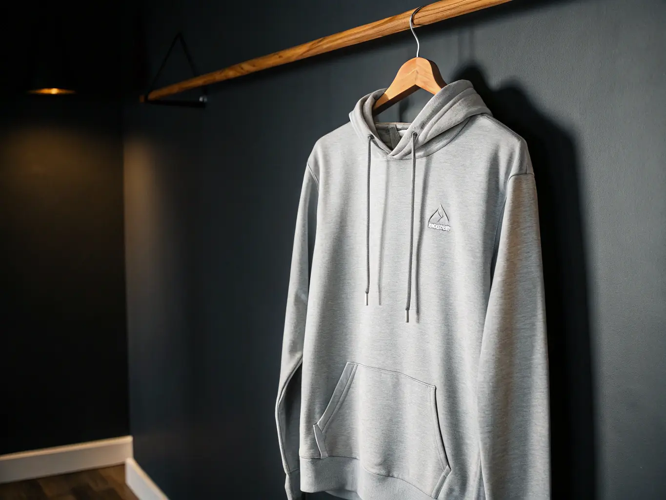A stylish, minimalistic shot of a lightweight black windbreaker, a grey hoodie, and a navy cap, all featuring understated branding, laid out on a white surface with a hint of blue accent lighting.