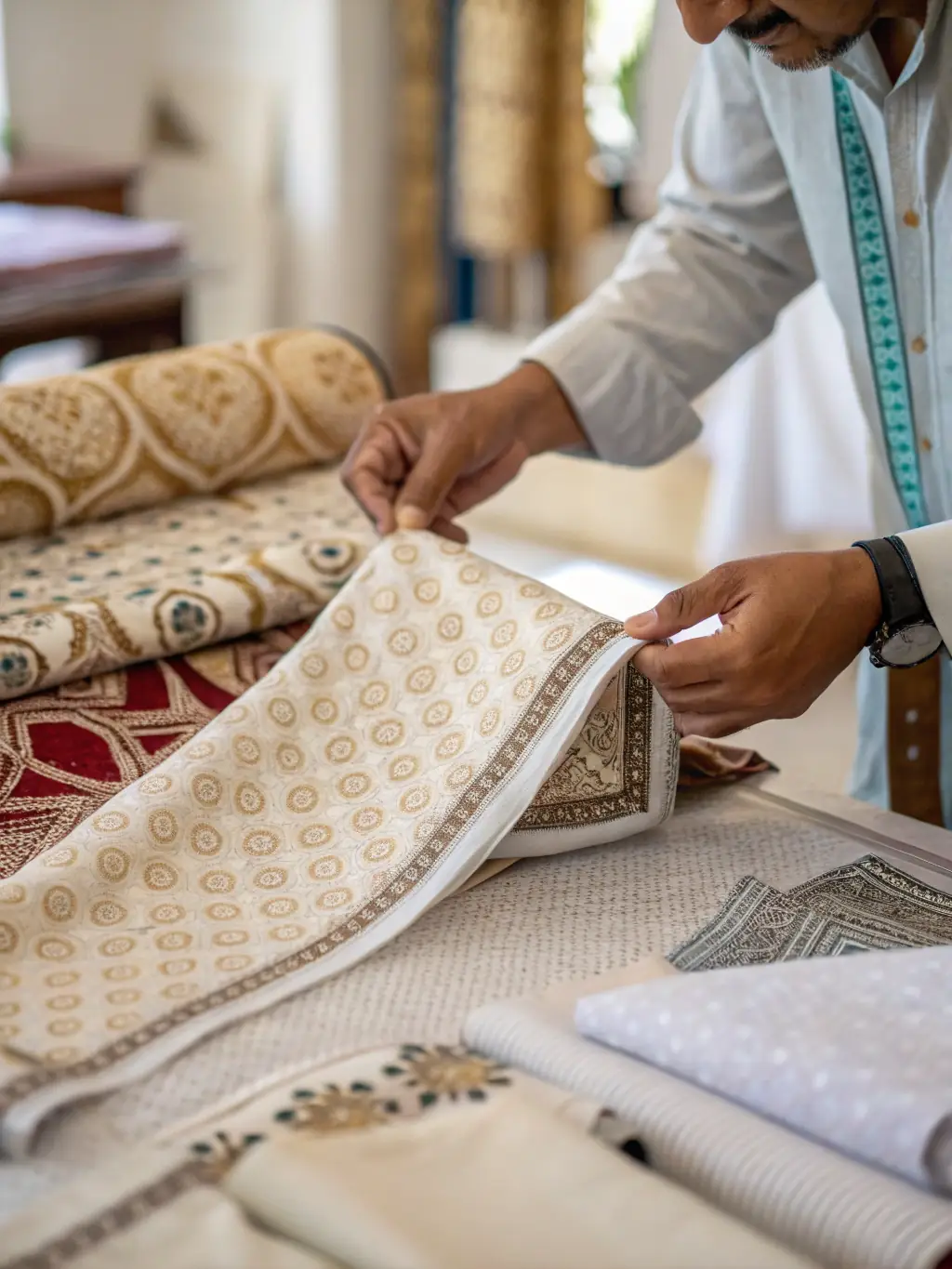 A crisp, well-lit photo of a PERSONTEES quality inspector closely examining the stitching and fabric of a custom-branded polo shirt in a modern production facility, conveying meticulous attention to detail.