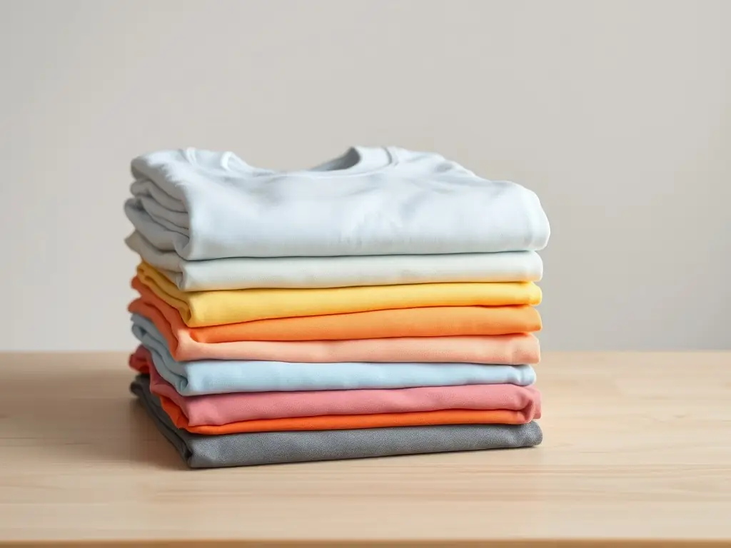 A crisp, high-resolution image of neatly folded custom T-shirts in white, navy, and black, each featuring subtle corporate logos, displayed on a pure white background with soft shadows, evoking a premium, minimalistic style.