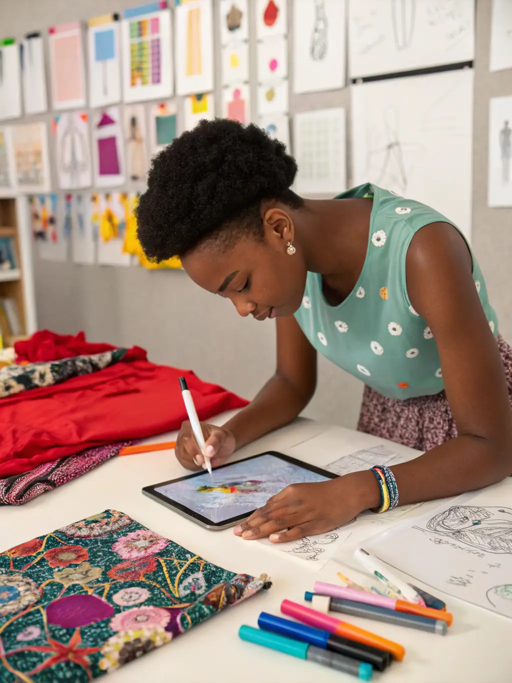 A designer at a modern workstation sketching apparel concepts on a digital tablet, surrounded by color palettes and fabric samples, with a subtle blue accent in the workspace.