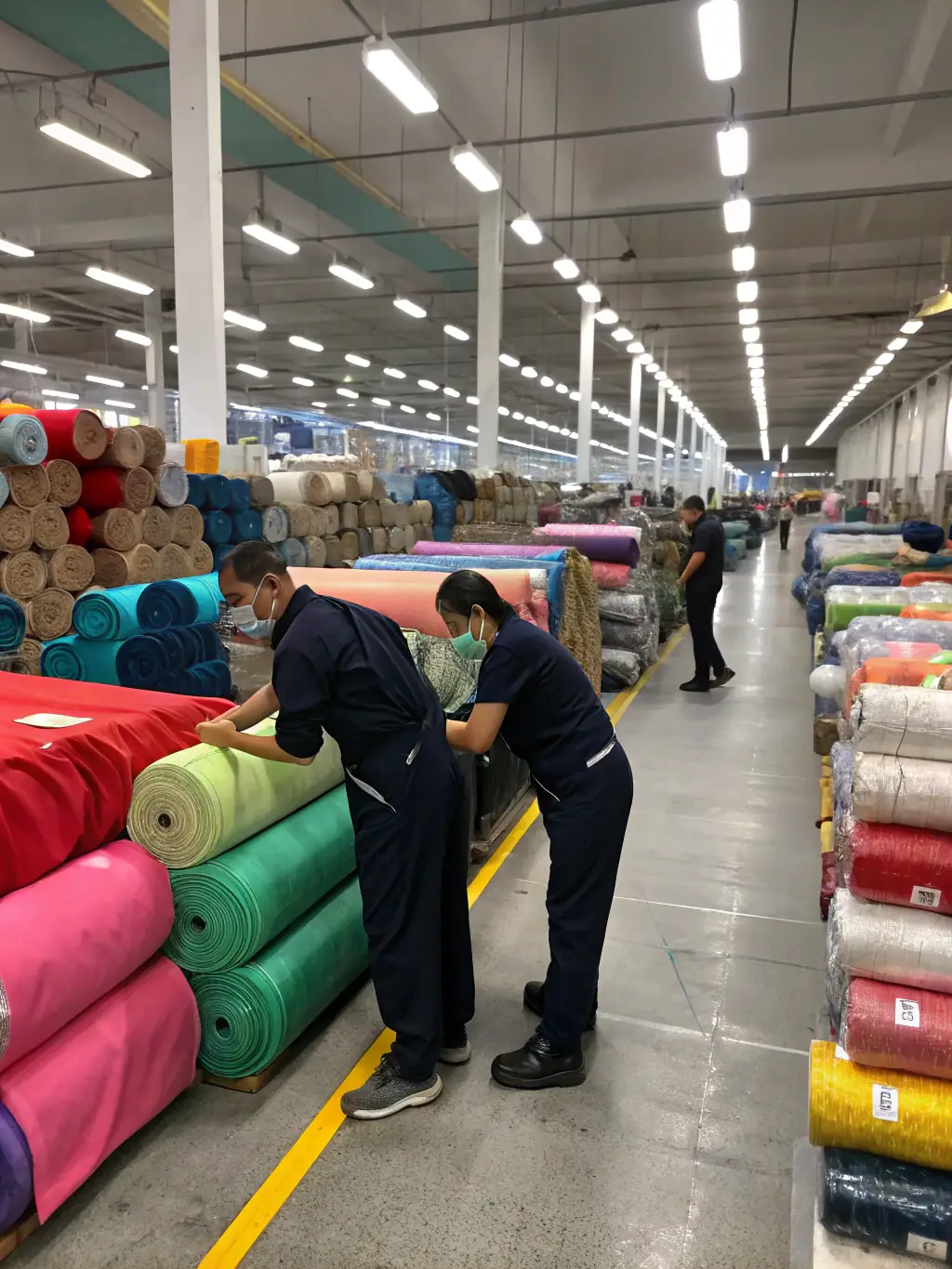 A dynamic image of a production line with staff efficiently packing bulk orders of custom T-shirts into branded boxes, with a visible wall clock emphasizing speed and organization.