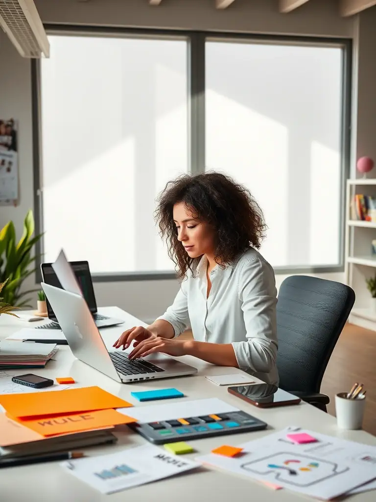 A clean, well-lit photo of a business professional using a laptop to send an apparel inquiry, with a sample T-shirt and notepad on the desk, in a modern office setting.