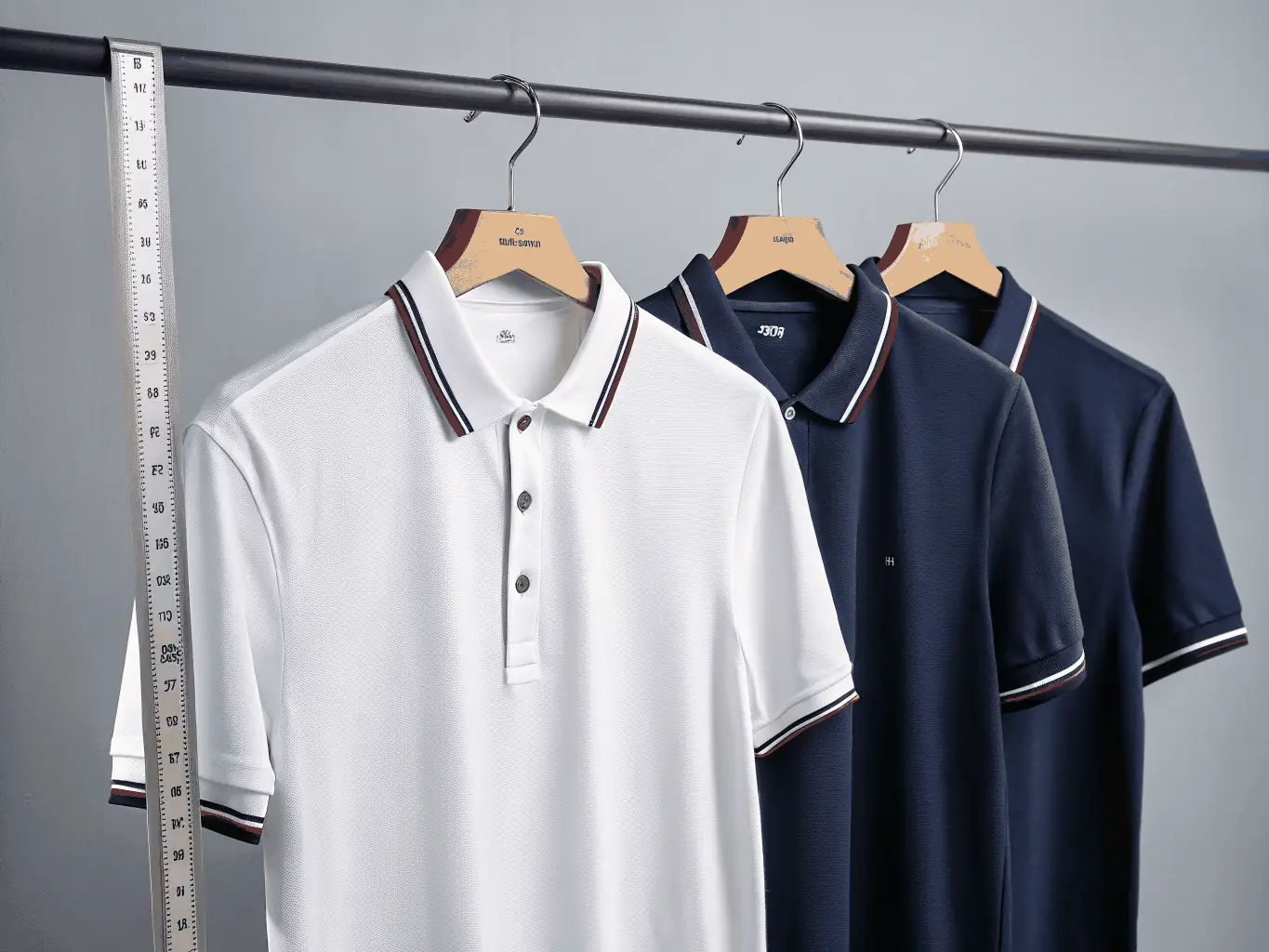 A clean, professional photo of three polo shirts—one royal blue, one charcoal, one white—each embroidered with a discreet company emblem, arranged on a white tabletop with a subtle blue accent in the background.