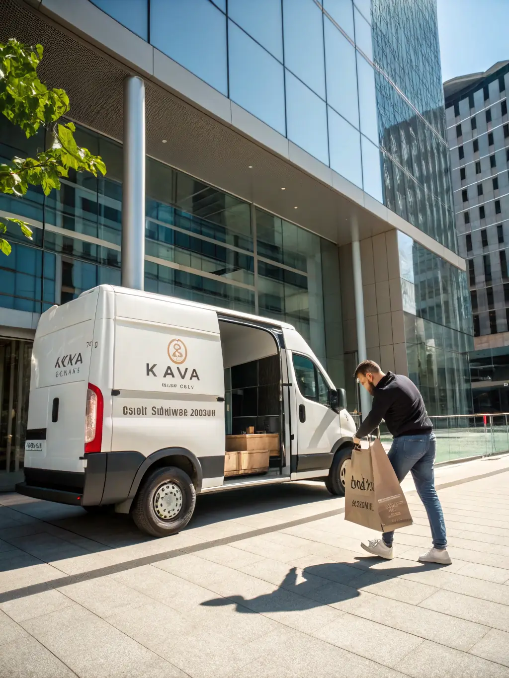 A delivery van with PERSONTEES branding unloading neatly packed boxes of custom apparel at a corporate office entrance, staff ready to receive.