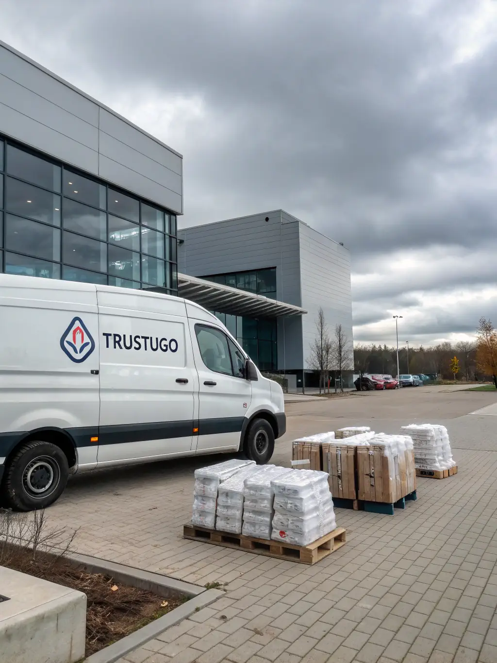 A delivery van with PERSONTEES branding parked outside a modern office building, with staff handing over neatly packaged apparel boxes to a smiling client representative.